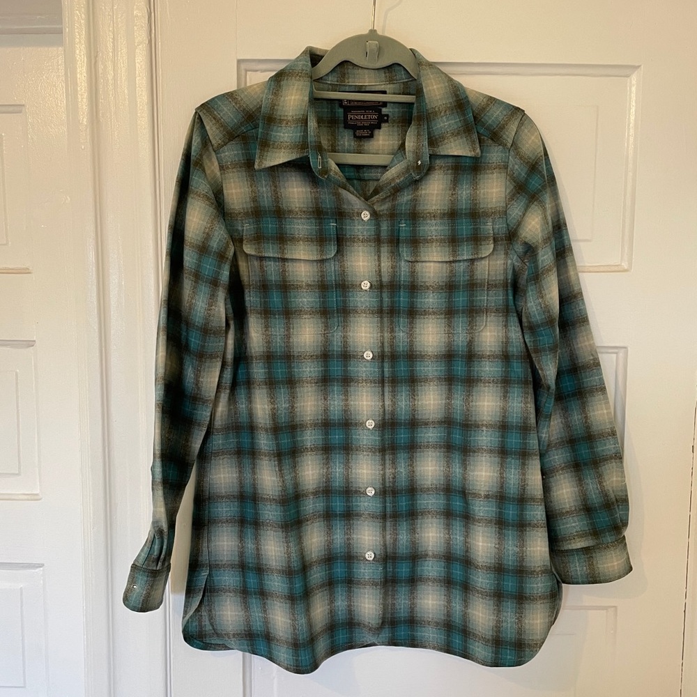 Pendleton Button-up Top, Turquoise Flannel, Size S